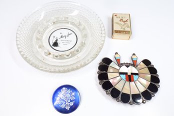 Lot Vintage Belt Buckle, Ashtray, Matches, Brooch