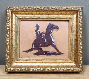 Mid 19th Century Framed Man On Horse Tole Painting Signed