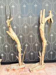 Large Pair Vintage Carved Wood Sculptures Leaping Gazelles Guild Masters 1970