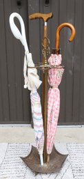 Vintage Brass Umbrella Shaped Umbrella Stand With Two Vintage Umbrellas And Walking Cane