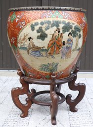 Large Antique Japanese Porcelain Hand Painted Jardiniere Planter On Stand