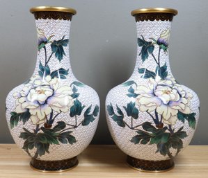 Pair Of Vintage Chinese Brass And Enamel Cloisonne Floral Vases