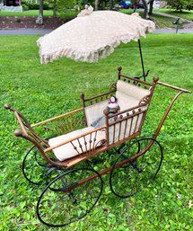 Antique Large Victorian Baby Stroller Pram Wicker With Antique Porcelain Doll