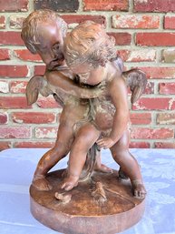 Sculpture In Earthenware After ETIENNE FALCONET 1716-1791 'Bataille Pour L'amour' Putti Fighing Over A Heart