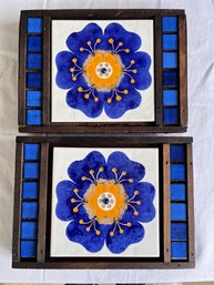 Pair Of Vintage Italian Ceramic Tiles In Wood Plaques