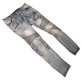 Balmain Light Blue Washed Distressed Men's Slim Skinny Biker Denim Jeans Bottoms Size 28