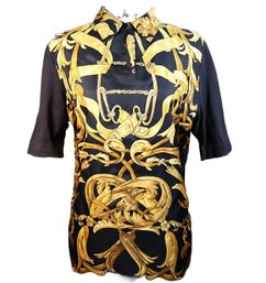 Hermes-paris Knit Switching Silk Shirt Ladies Navy Gold Golden Navy Blue Vintage Top Size Medium