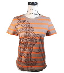Hermes Paris Brown Striped Bridle Print T-Shirt 100% Cotton Women's Fashion Top  Size 34