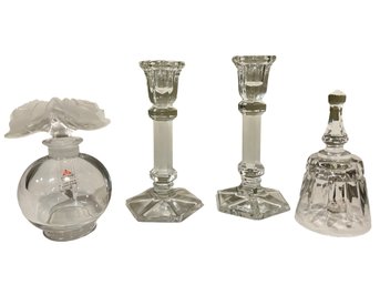 Lot Of Crystal Candlesticks, Rose Decanter, Bell