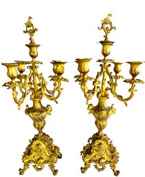 Pair Of Hollywood Regency Rococo Gilt Five Arm Candelabras
