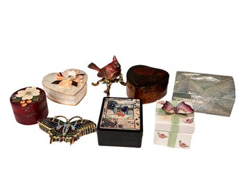 Lot Of 8 Trinket Boxes, Wood, Metal Enamel, Birds, Butterlies