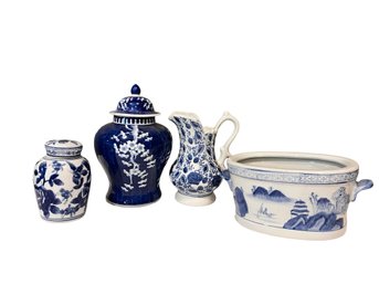 Vintage Lot 4 Blue & White Ginger Jar, Pitcher, Planter
