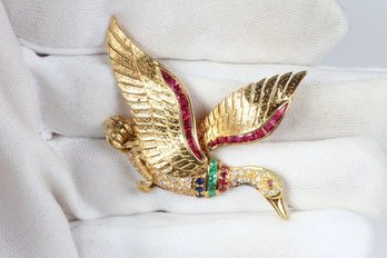 18K GOLD DUCK BROOCH DIAMOND, RUBY, SAPPHIRE, EMERALD 1.73CTW, 12.9 GRAMS