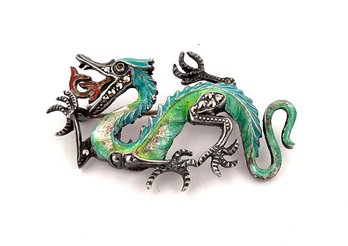 DRAGON ENAMEL MARCASITE STERLING SILVER BROOCH PIN 925