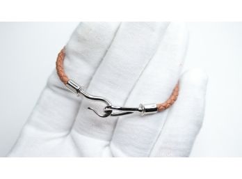 HERMES H Bracelet Glenan Braided Brown Leather Silver Metal Hook Authentic