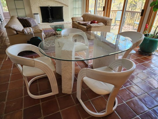 Mid-century Tessellated Stone & Glass Dining Table With Chairs