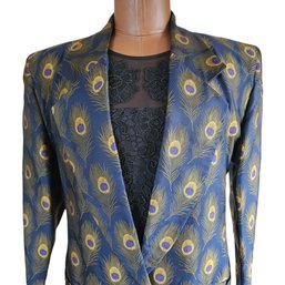 Vintage Perry Ellis Peacock Feather Print Silk Jacket Blazer Size 6