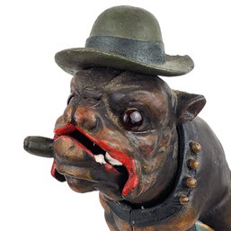 Vintage Ole Puffer Bull Dog Smoking A Cigar Cast Iron Coin Bank 3 Of 3