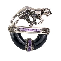 Vintage Art Deco Sterling Silver Amethyst Panther Brooch
