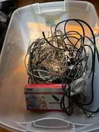 Tub , Lids Misc Cords And Electrical Stuff