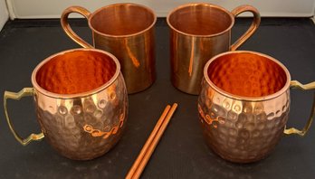 4 Copper Moscow Mule Mugs With Straws