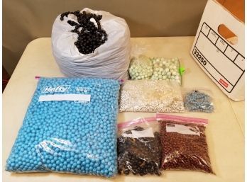 Banker's Box Of Plastic Jewelry Beads: Black, Blue, Red Swirl, Green Swirl, Small White Link