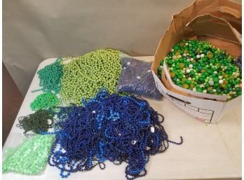 Banker's Box Of Plastic Jewelry Beads: Greens Blues, Strings Loose, Swirls, Some Marked CORO