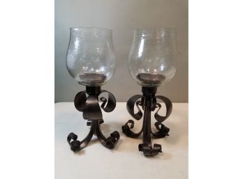 Pair Of Formed Iron Ribbon & Water Glass Column Candle Holders, 14.25'h X 7'd Each, Distressed Black