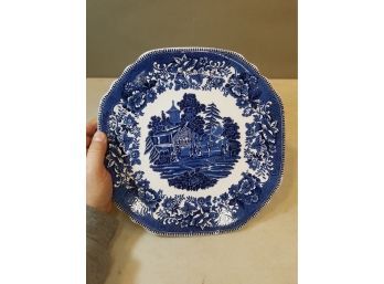 12' Vintage Avon Cottage Crown Staffordshire England Charger Cake Plate Chop Platter, Blue On White Ironstone