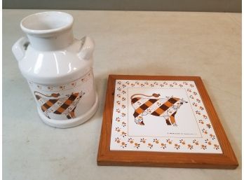 Vintage 1983 M. Kamenstein Plaid Cow Utensil Holder (6'H X 3.75'D) & Ceramic Tile Trivet (7' Sq) Set