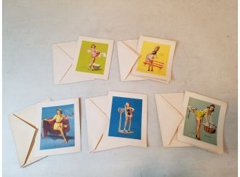 Set Of 5 Vintage Pin-Up Girls Greeting Cards, (2) Art Frahm (1907-81), (3) Gillette Gil Elvgren (1914-80)