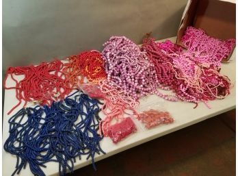 Banker's Box Of Plastic Jewelry Beads: Blue, Red, Orange, Pink, Pink Swirl, Brown, Strings & Loose