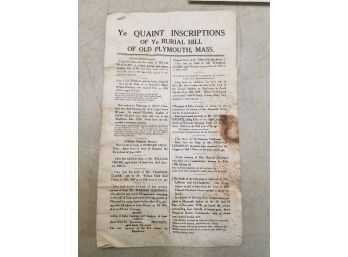 Ye Quaint Inscriptions Of Ye Burial Hill Of Old Plymouth Mass, Jos. Sadow, List Of Gravestones, 5.5' X 9.25'