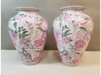 Pair Of Chinese Export Porcelain Famille Rose Floral Pattern Vases, 10.5'h X 7'd Each