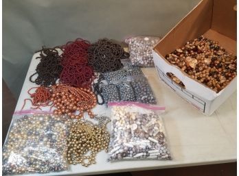 Banker's Box Of Plastic Jewelry Beads: Browns Reds Oranges Golds Silver Gunmetal Patterned Swirl Metallics