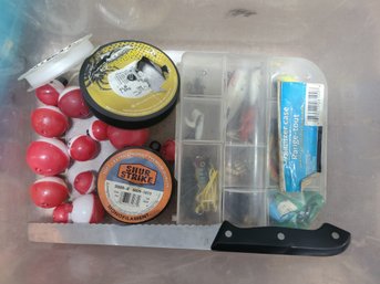 Misc. Fishing Supplies In Plastic Bin, Fishing Line, Bobbers, Lures, Etc