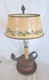 Bronze Or Brass Lamp With Tole Shade On Silverplate Base.