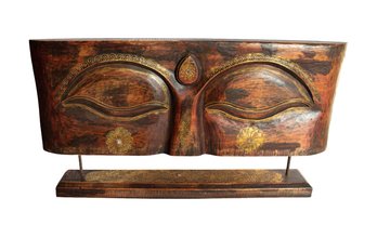 Large Heavy Carved Wood Abstract Eyes Sculpture On Display Stand 32' Wide