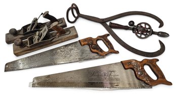 Grouping Of Vintage Tools - Saws, Hand Drill, Ice Tongs, Stanley Wood Planes