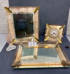 Vintage Art Deco Vanity Mirror Tray Clock Set