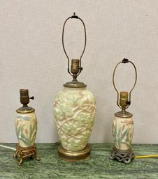 Three Consolidated Lamp Co Glass Lamps Dogwood And Dragonfly Cattails Patterns