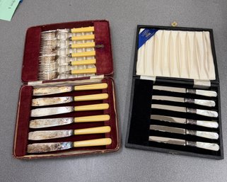 Vintage Boxed Set Fish Cutlery And Set Of Fruit Knives With Sterling Silver Collars