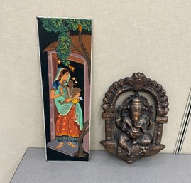 Indian Mughal Metal Wall Sculpture And Painting On Fabric