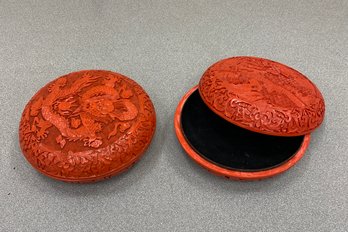 Two Asian Chinese Cinnabar Style Covered Boxes