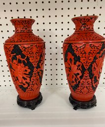 Two Asian Chinese Cinnabar Style Vases