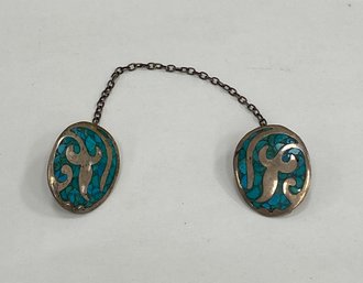 Vintage Sterling And Turquoise Sweater Clips Mexico
