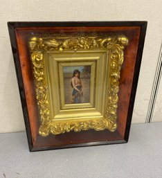 Exceptional Antique German Framed Porcelain Plaque Of Girl With Tambourine Signed By Artist