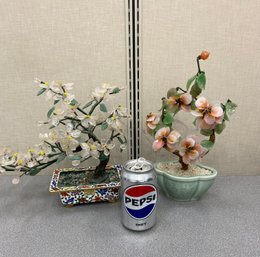 Two Chinese Jade Style Bonsai Trees Including Cloisonn