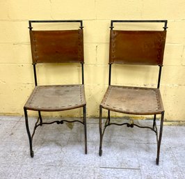 Pair Ilana Goor Style Brutalist Iron Leather Chairs