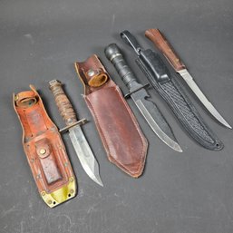 Three Camping/Fishing Utility Knives Fish Knife Is Marked Ipco Hc Stainless Japan